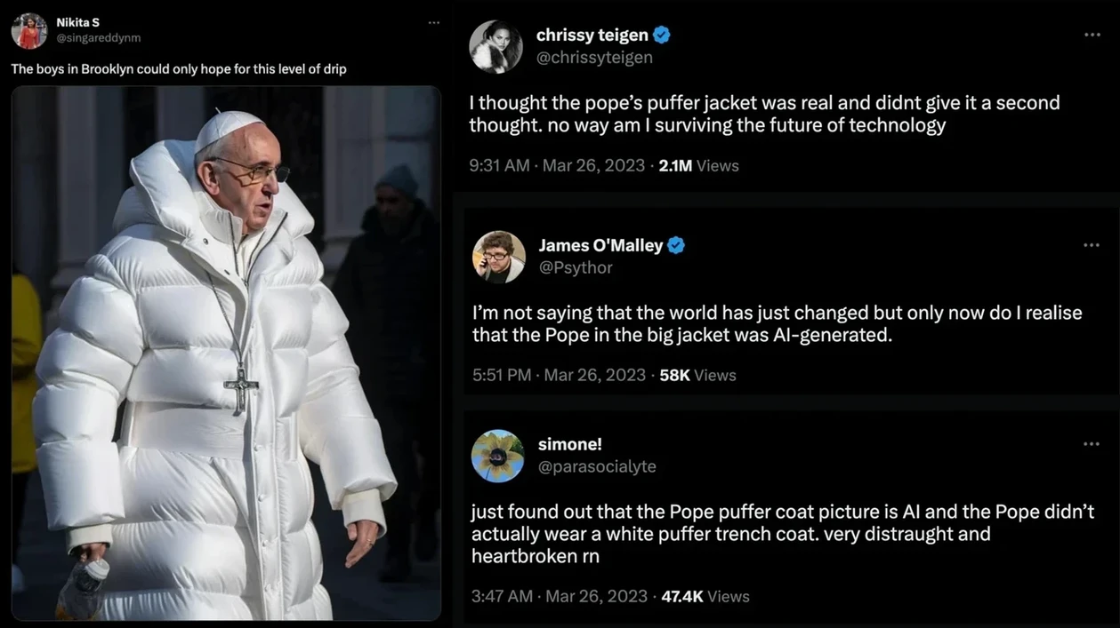 Fake photos of Pope Francis wearing a large white puffercoat